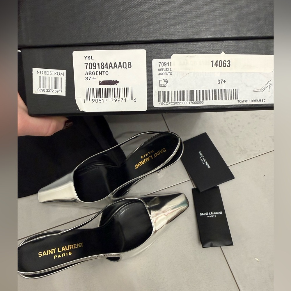 YSL Saint Laurent Patent Tom 90 Blade Leather Slingback Pumps Silver 37.5 $945 - Picture 2 of 8